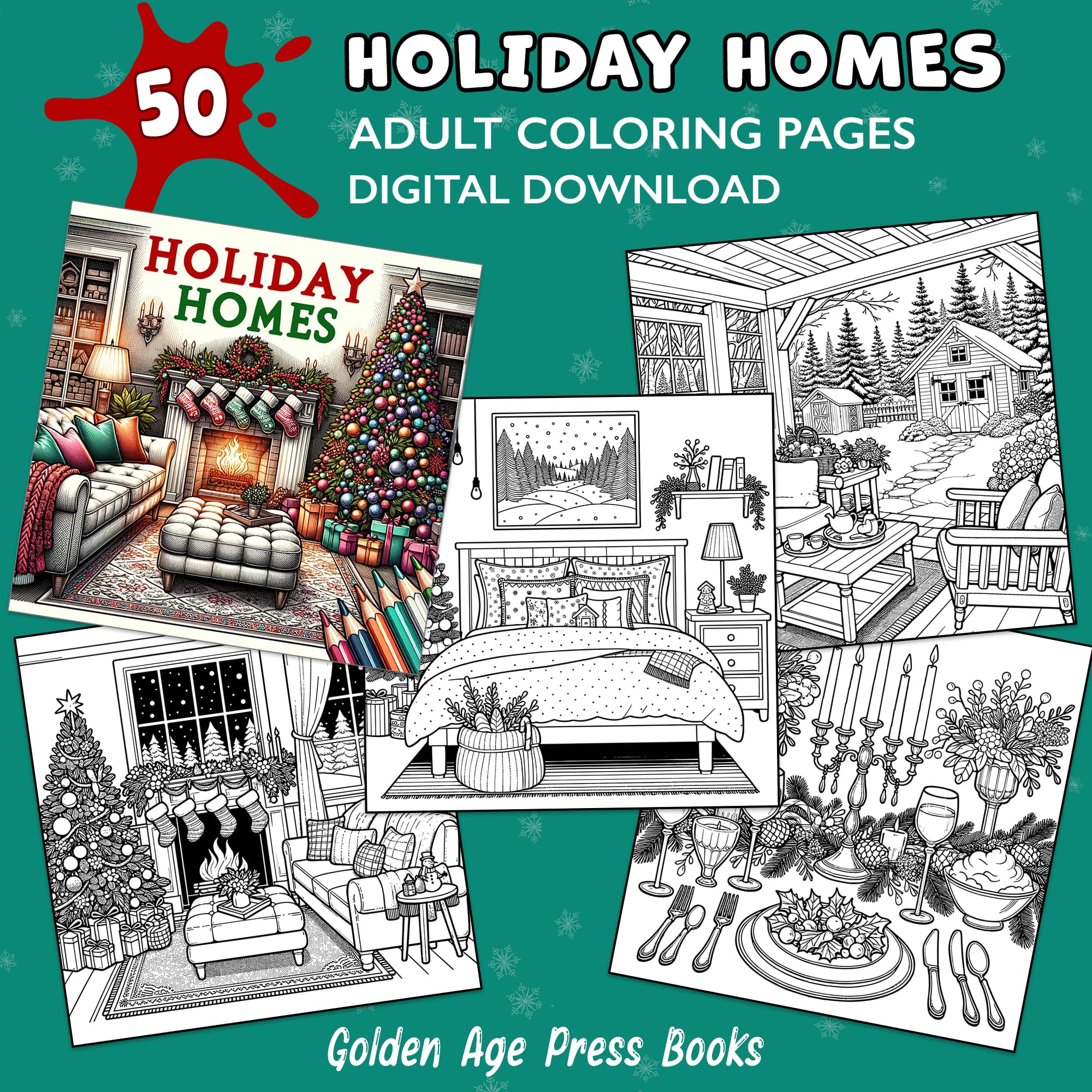 holiday homes christmas adult coloring book digital download colouring pages winter holiday hygge