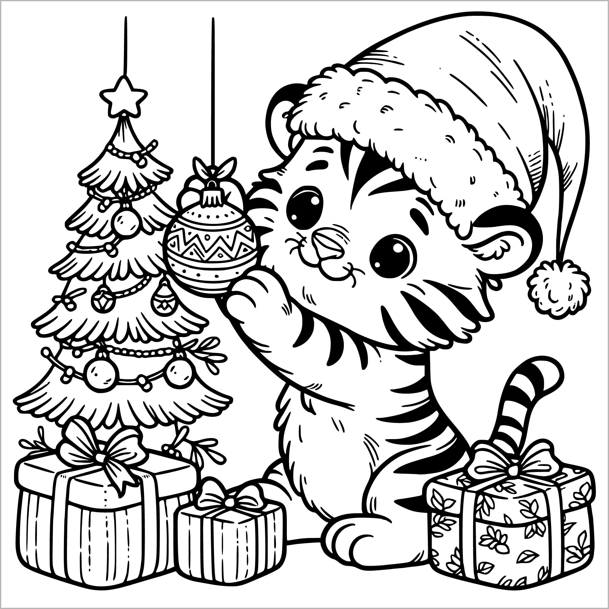 christmas animals coloring book for kids children colouring pages Xmas holiday winter rainy day activities color sheets baby tiger trimming tree