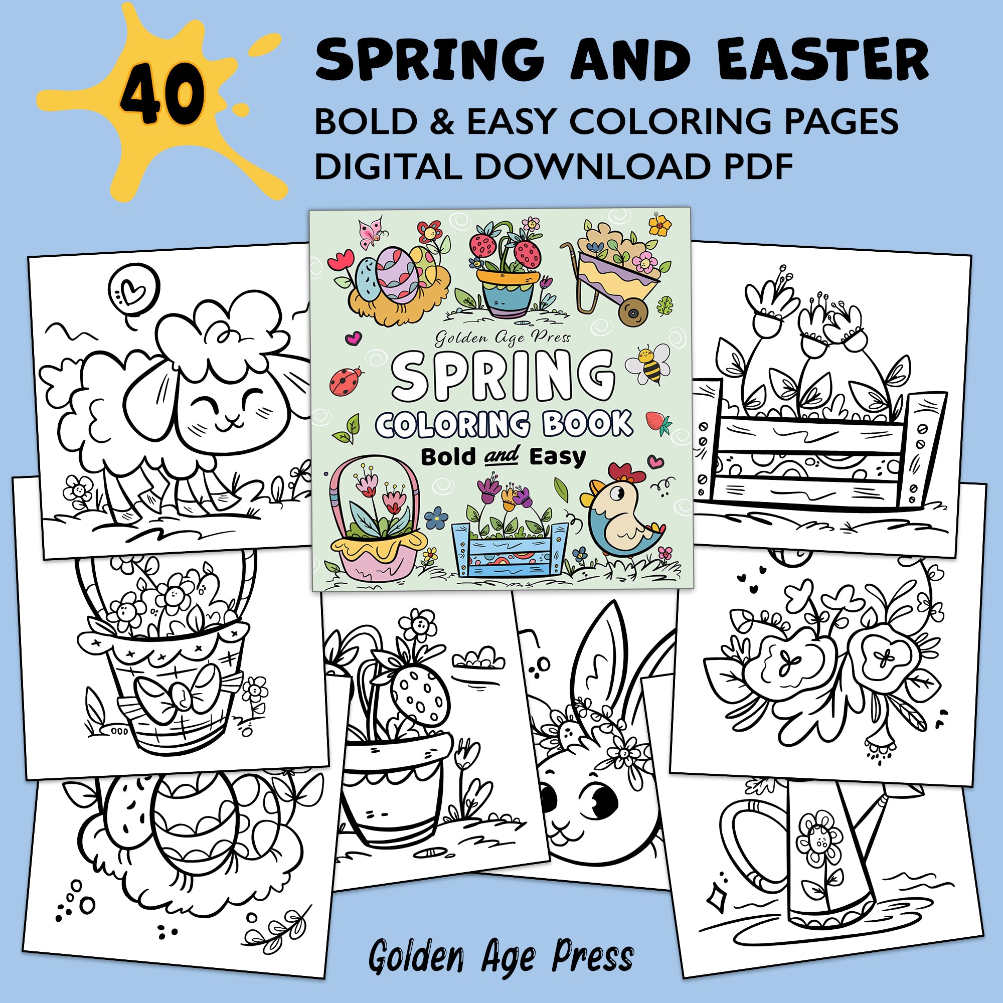 spring and easter bold and easy coloring book large print simple colouring pages for adults teens seniors and beginners digital download pdf coloring sheets