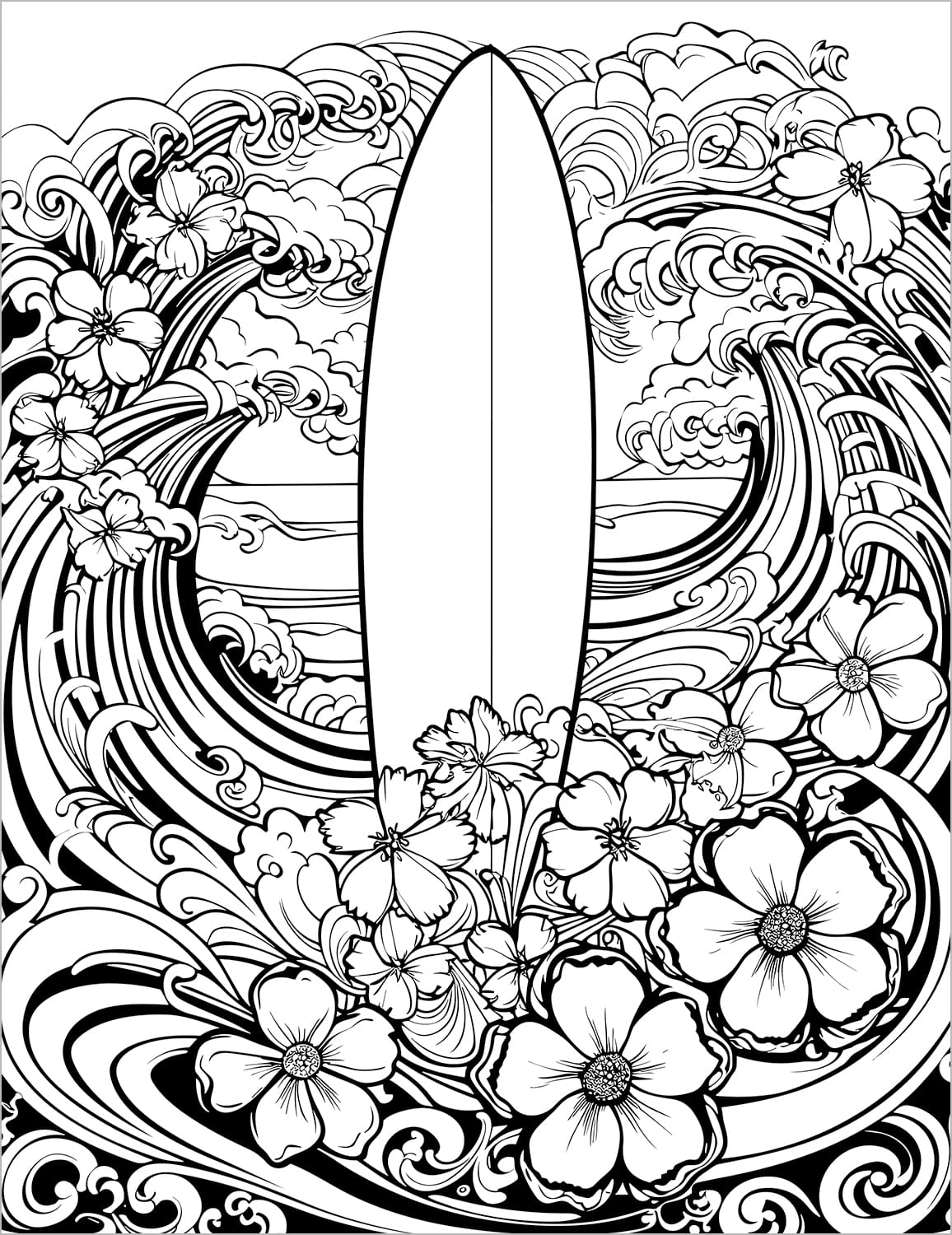 beach surfer tropical flowers and waves groovy retro adult coloring book 1970's hippie boho chic colouring pages for teens rainy day activities 1960's coloring sheets printable download pdf