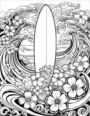 beach surfer tropical flowers and waves groovy retro adult coloring book 1970's hippie boho chic colouring pages for teens rainy day activities 1960's coloring sheets printable download pdf