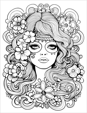 groovy retro adult coloring book 1970's hippie boho girl chic colouring pages for teens rainy day activities 1960's coloring sheets printable download pdf