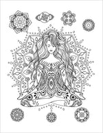 girl chakras meditation zen yoga groovy retro adult coloring book 1970's hippie boho chic colouring pages for teens rainy day activities 1960's coloring sheets printable download pdf