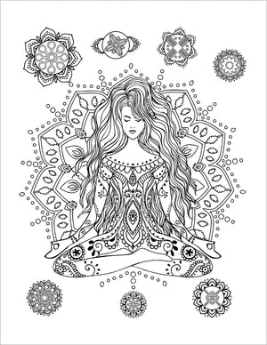 girl chakras meditation zen yoga groovy retro adult coloring book 1970's hippie boho chic colouring pages for teens rainy day activities 1960's coloring sheets printable download pdf