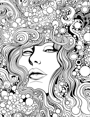 girl patterns groovy retro adult coloring book 1970's hippie boho chic colouring pages for teens rainy day activities 1960's coloring sheets printable download pdf