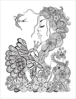 girl with swan and flowers groovy retro adult coloring book 1970's hippie boho chic colouring pages for teens rainy day activities 1960's coloring sheets printable download pdf
