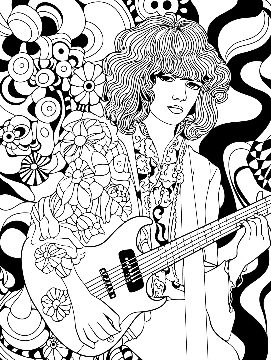 guitar flower rock and roll woodstock groovy retro adult coloring book 1970's hippie boho chic colouring pages for teens rainy day activities 1960's coloring sheets printable download pdf