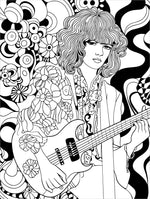 guitar flower rock and roll woodstock groovy retro adult coloring book 1970's hippie boho chic colouring pages for teens rainy day activities 1960's coloring sheets printable download pdf