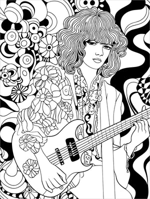 guitar flower rock and roll woodstock groovy retro adult coloring book 1970's hippie boho chic colouring pages for teens rainy day activities 1960's coloring sheets printable download pdf
