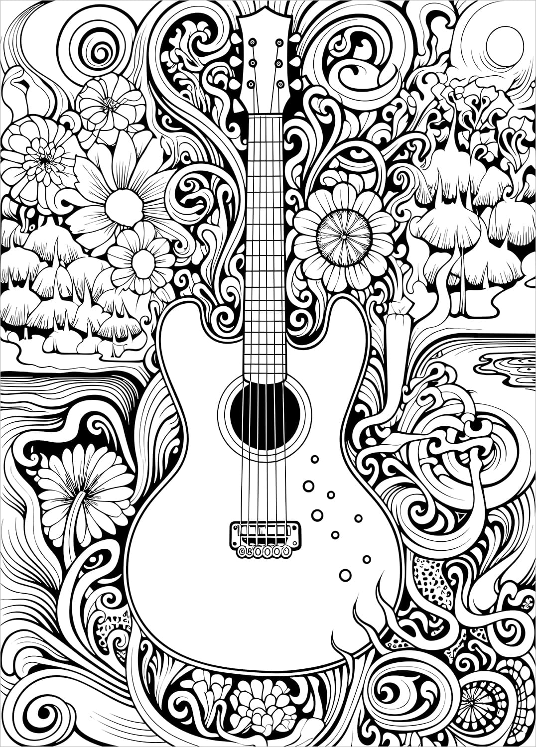 guitar flowers peace groovy retro adult coloring book 1970's hippie boho chic colouring pages for teens rainy day activities 1960's coloring sheets printable download pdf