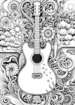 guitar flowers peace groovy retro adult coloring book 1970's hippie boho chic colouring pages for teens rainy day activities 1960's coloring sheets printable download pdf