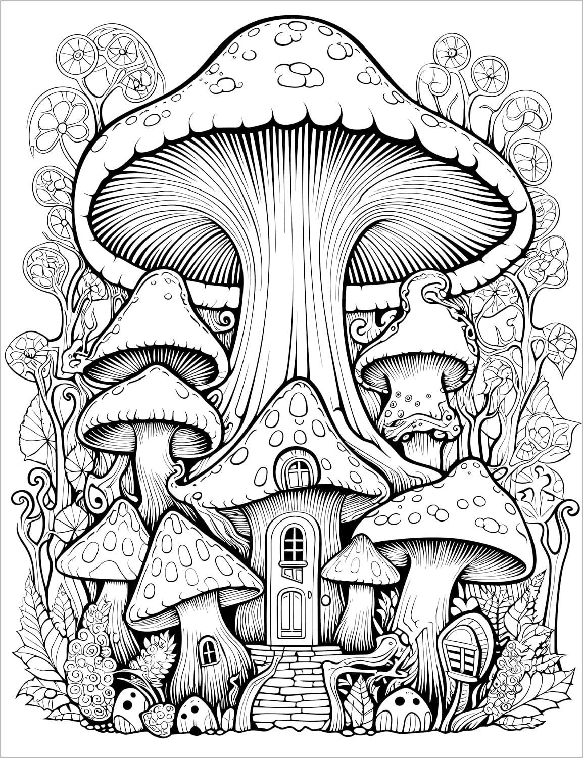 mushroom trippy pattern groovy retro adult coloring book 1970's hippie boho chic colouring pages for teens rainy day activities 1960's coloring sheets printable download pdf
