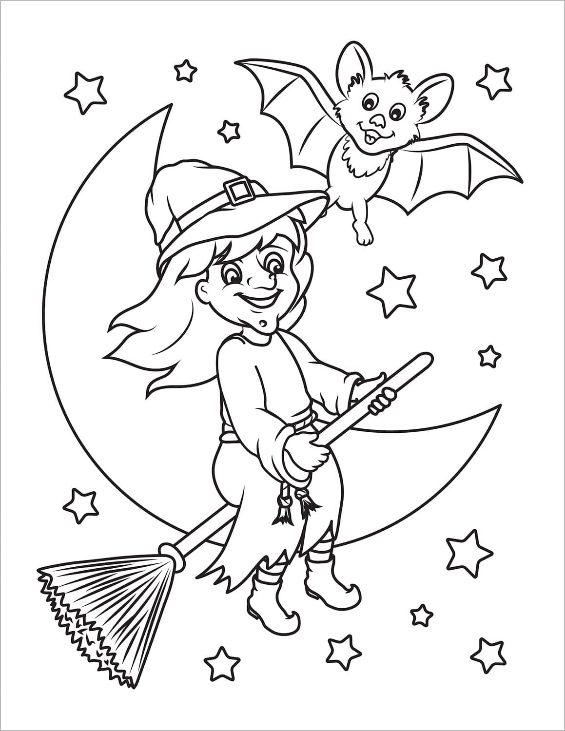 halloween coloring book for kids spooky colouring pages witch flying on a broom with a bat
