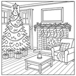 holiday homes v2 hygee cozy Coloring page of a cozy living room with Christmas decorations.