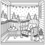 holiday homes v2 hygee cozy coloring book for adults Cozy winter scene with a chair, table, and Christmas decorations on a porch.