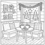 holiday homes v2 hygee cozy coloring book for adults Cozy room with a table, chairs, and a window view of Christmas trees.