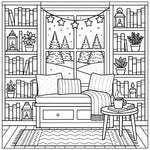 holiday homes v2 hygee coloring book for adults Cozy living room with bookshelves, a couch, and a small table with a mug, decorated for Christmas.