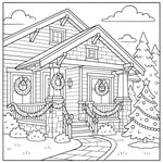 holiday homes v2 hygee cozy coloring book for adults Coloring page of a decorated house with wreaths and a Christmas tree.