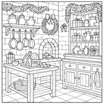 holiday homes v2 hygee coloring book for adults Coloring page of a festive kitchen with shelves, table, and wreath.