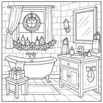 holiday homes v2 hygee coloring book for adults cozy coloring page of a bathroom with a bathtub, sink, and decorative wreath.
