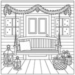 holiday homes v2 hygee coloring book for adults christmas coloring page of a porch with a swing, lanterns, and a basket.