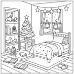 holiday homes v2 hygee coloring book for adults cozy Coloring page of a bedroom with Christmas tree and decorations