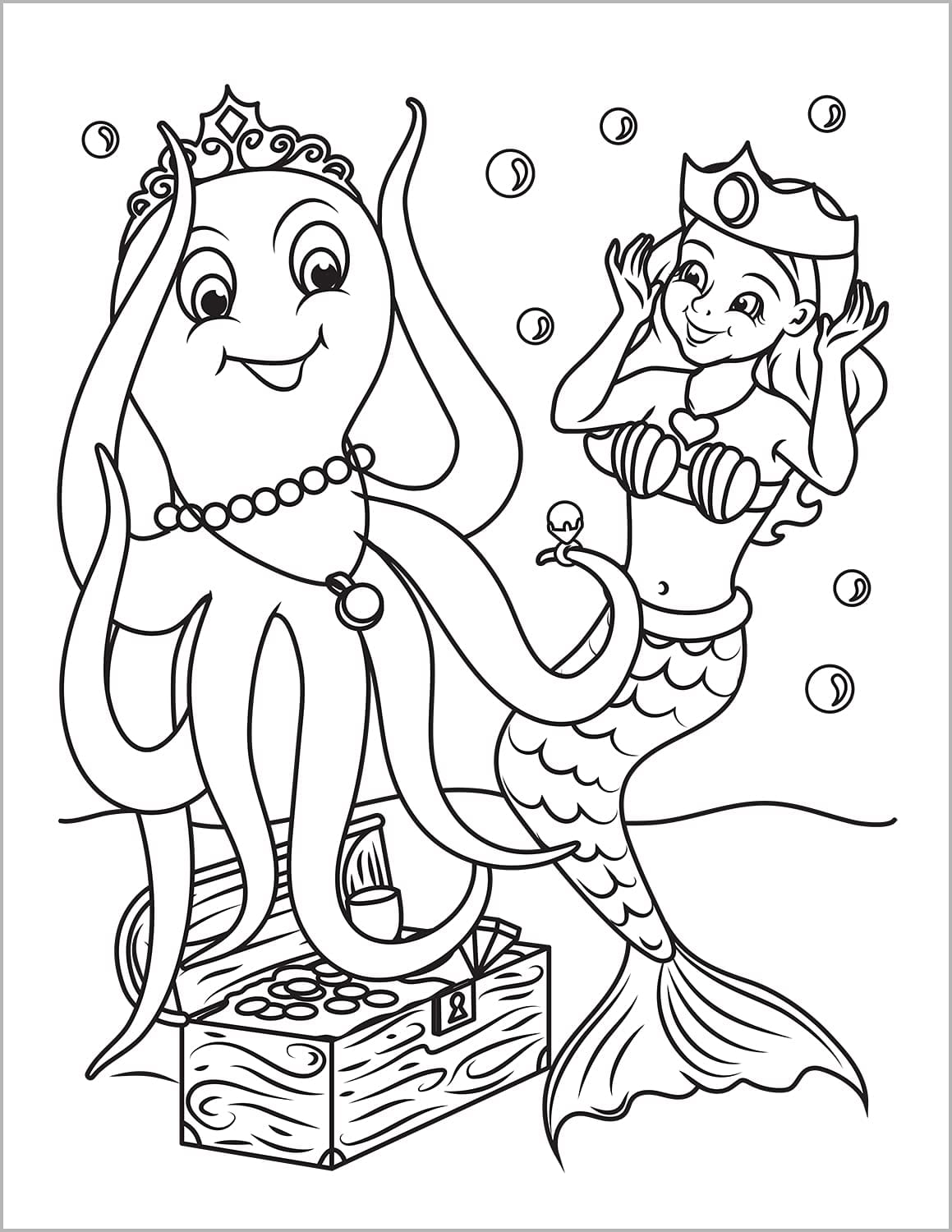 mermaid coloring book or children playing dress up princess with crowns with an octopus