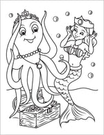 mermaid coloring book or children playing dress up princess with crowns with an octopus