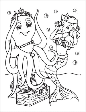 mermaid coloring book or children playing dress up princess with crowns with an octopus
