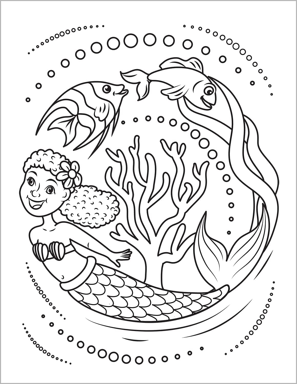 black mermaid coloring book for children swimming with fishes
