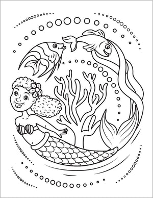 black mermaid coloring book for children swimming with fishes