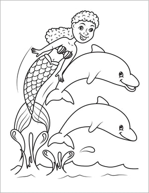 mermaid coloring book for kids playing with dolphins