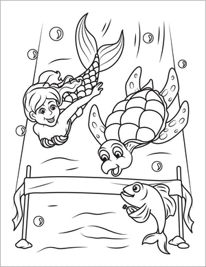 mermaid coloring book for kids racing with a turtle underwater