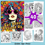 groovy retro adult coloring book 1970's hippie boho chic colouring pages for teens rainy day activities 1960's coloring sheets printable download pdf