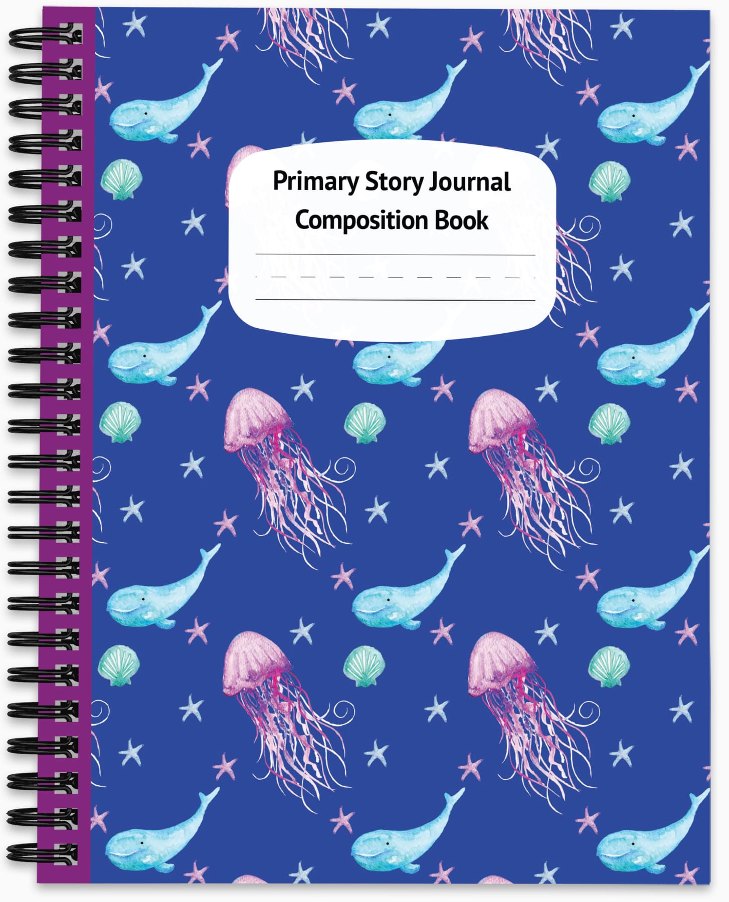 primary composition book K-2 story journal notebook draw and write notebook preschool kindergarten prek pre-k spiral bound whales and jellyfish underwater ocean