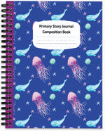 primary composition book K-2 story journal notebook draw and write notebook preschool kindergarten prek pre-k spiral bound whales and jellyfish underwater ocean