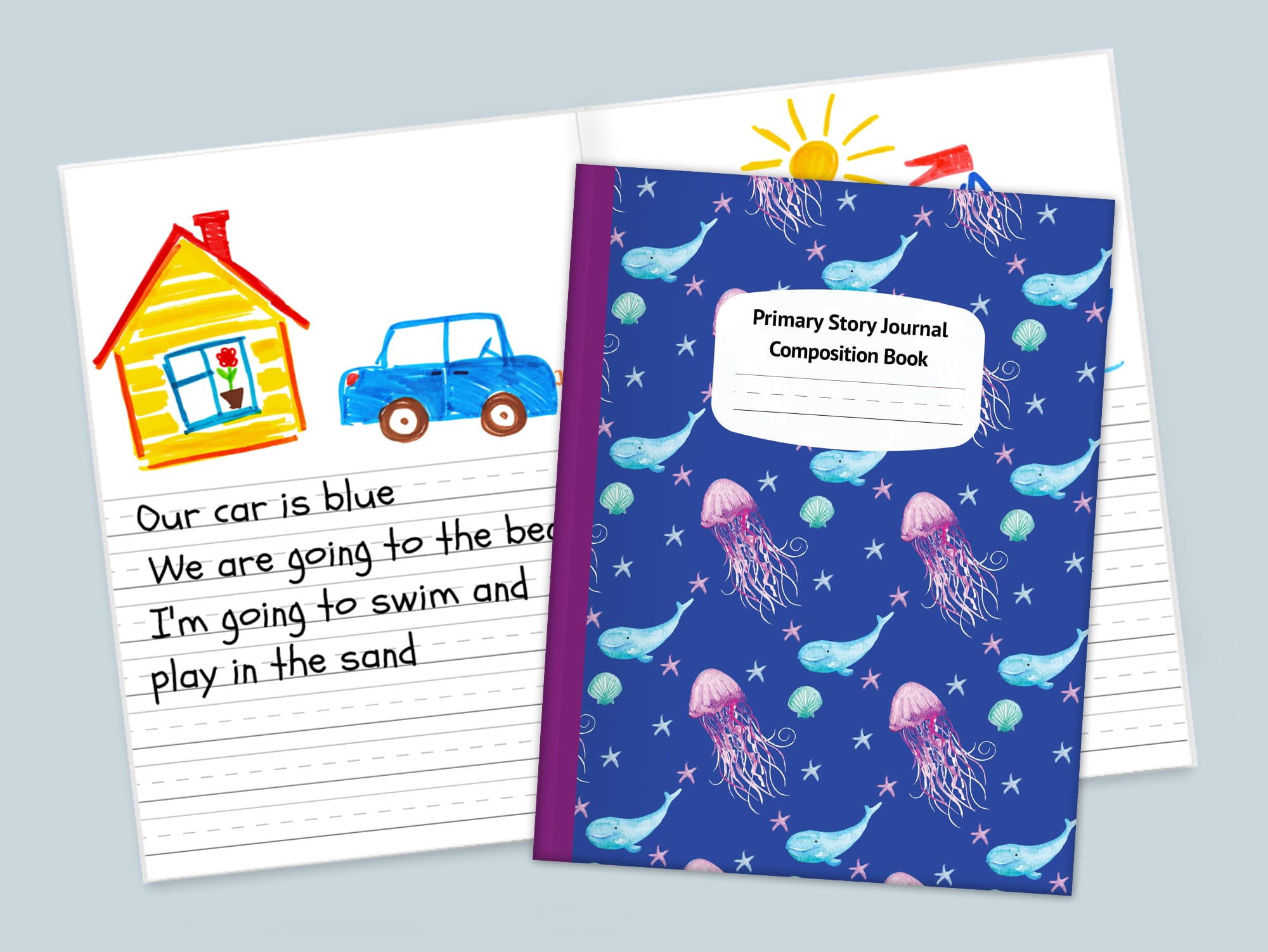 primary composition book K-2 story journal notebook draw and write notebook preschool kindergarten prek pre-k whales and jellyfish underwater ocean
