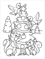 woodland animals and birds decorating christmas tree coloring book page for children